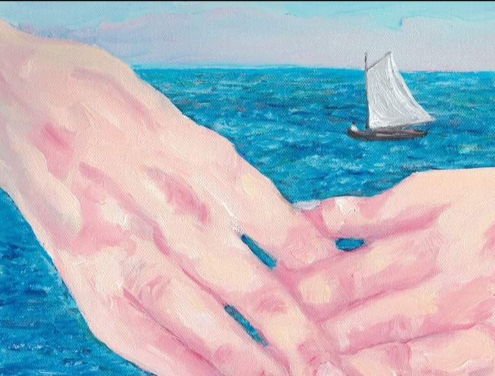 Hands in front of sea Widows Sea 12x10 oil on canvas