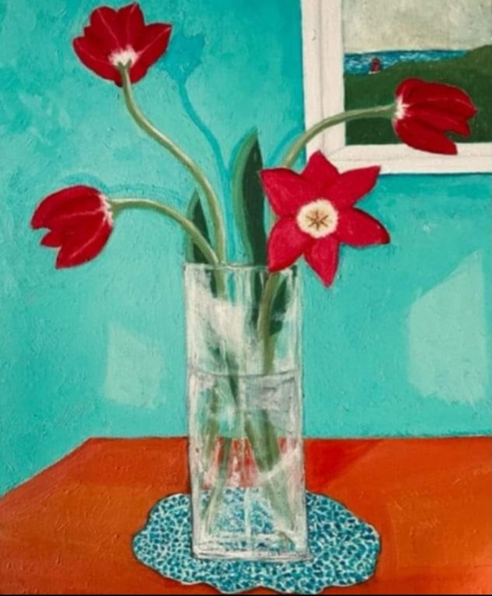 Tulips with aqua background: There You Are 18x24 oil on canvas